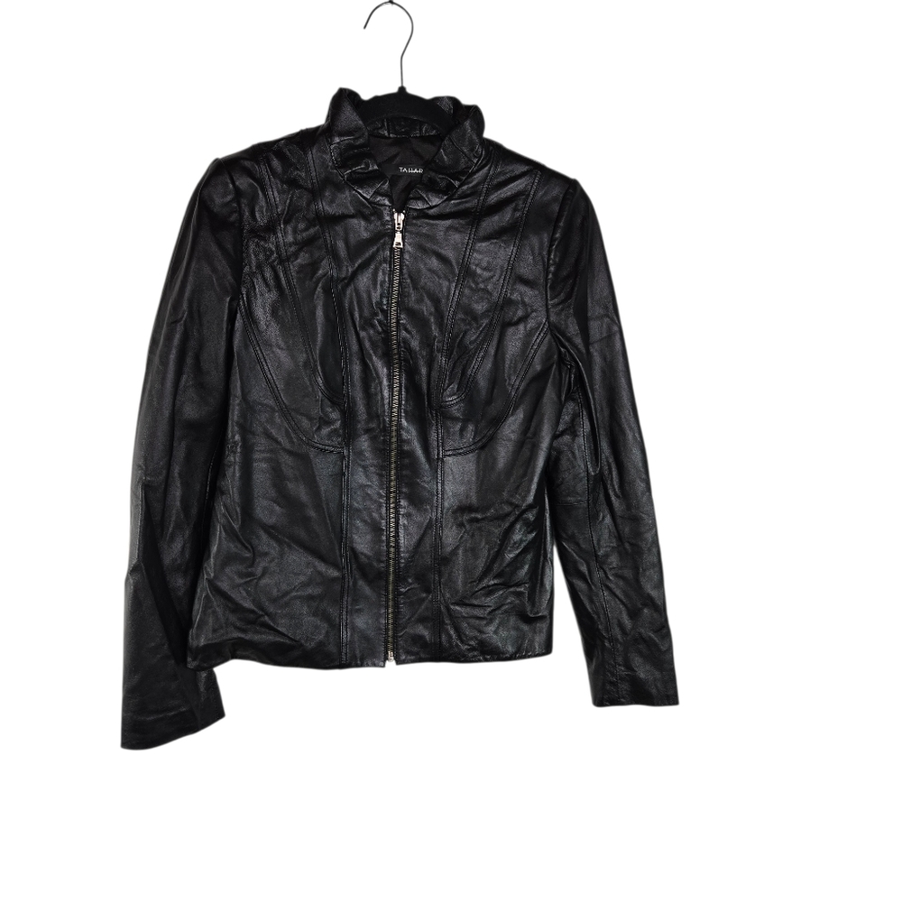 Tahari Black Leather Ruffle Collar Womens Jacket